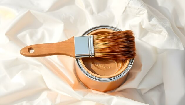 Top view of a paintbrush dipped in glossy mocco paint inside a a tin can of paint. AI generated
