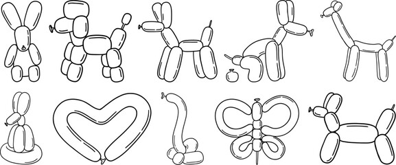 Balloon animal outline illustration featuring various shapes including dogs, butterflies, and hearts, seamless vector design for parties, celebrations, and creative art projects