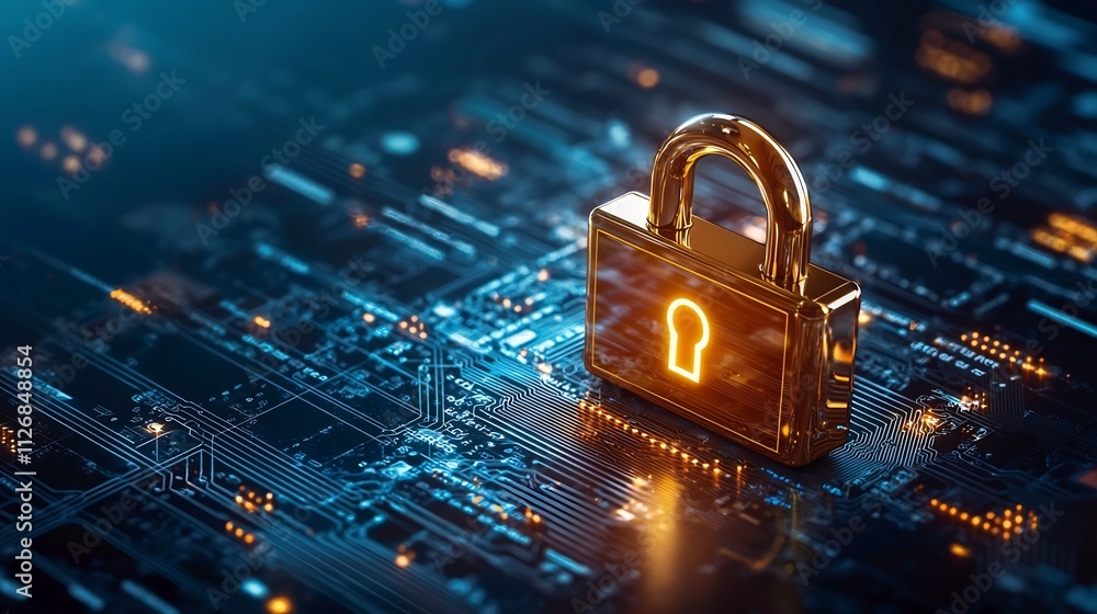 Poster secure fintech payment system represented by glowing lock icon integrated into a digital web of inte