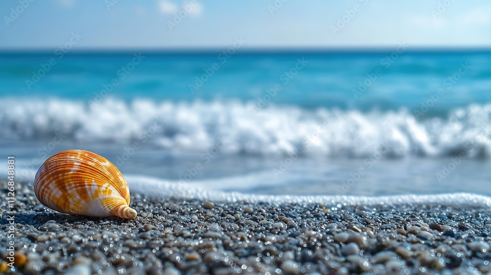 Poster seashell on beach with ocean waves gently in background blurred and smooth offering relaxed serene f