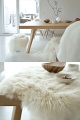 Cozy Winter Wonderland: Minimalist Dining Space with Sheepskin Accents