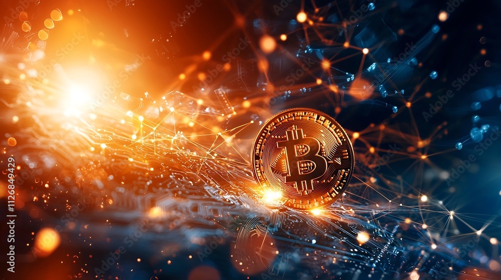 Poster glowing digital currency icon such as bitcoin centered in a connected web of blockchain nodes agains