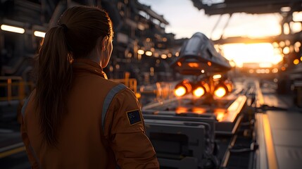 Obraz premium High-Tech Launch of a Spaceship at Sunrise: A Stunning Scene Capturing Innovation and Adventure in a Modern Space Facility
