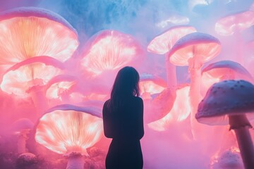 Woman Surrounded by Giant, Glowing Mushrooms, in a surreal portrait where her silhouette fades into a dreamlike mist, and the mushrooms emit a soft, bioluminescent light, casting ethereal shadows