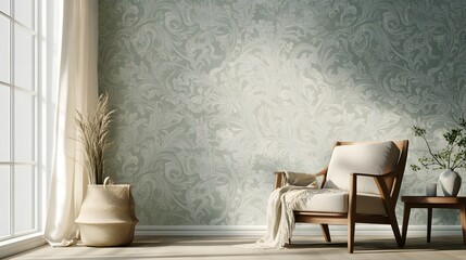 Serene Room Decor Featuring Intricate Floral Wallpaper