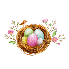 Nest with eggs, flowers and a bird, illustration for Easter