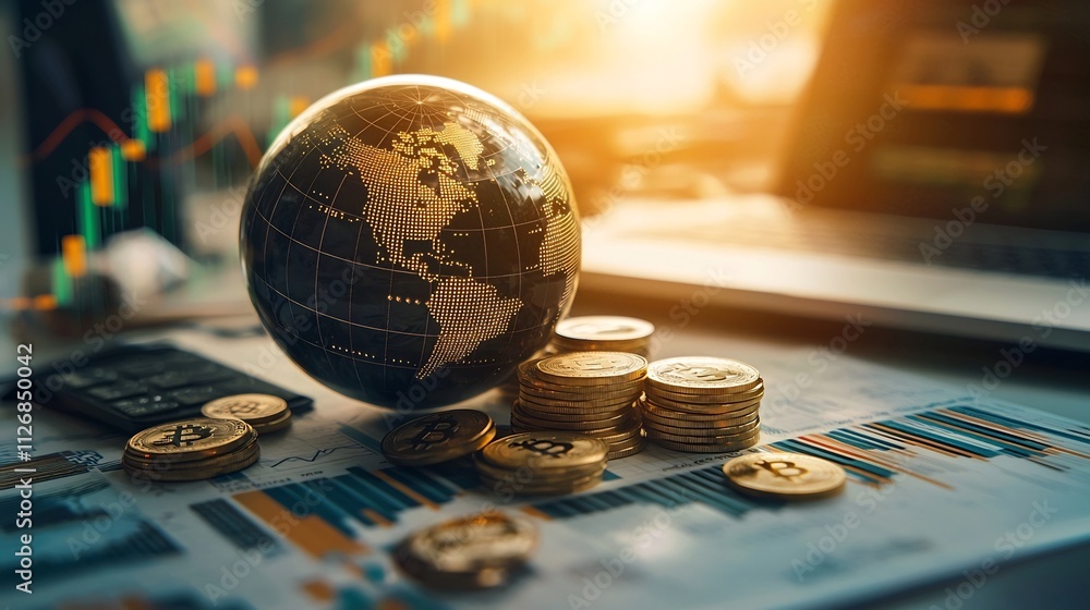 Poster holographic globe surrounded by fintech icons and network visuals with copy space for finance techno