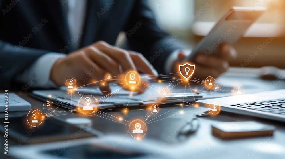 Poster secure digital transaction process represented by glowing shield icon on blurred network background 