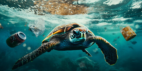 Fototapeta premium Sea Turtle Swimming with Plastic Bag