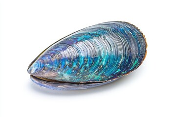 A vibrant blue-green mussel shell showcasing intricate patterns and textures, highlighting the beauty of marine life.