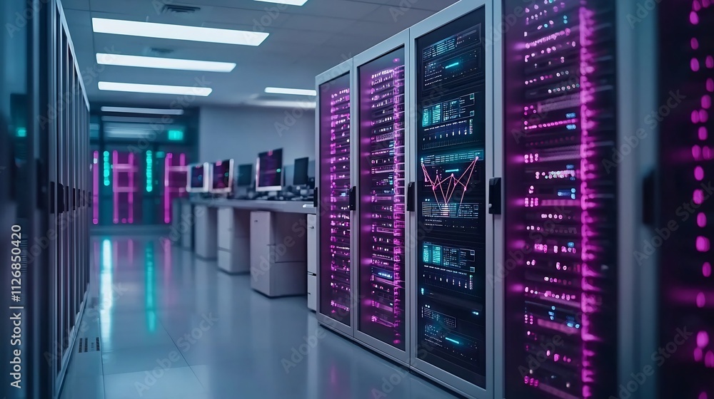 Aufkleber a photograph of a server room with interconnected digital lines overlaying the image representing th