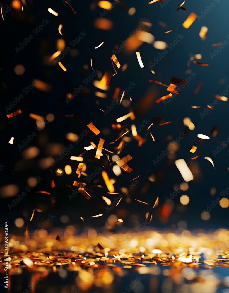 Poster a dynamic display of golden confetti falling against a dark background.