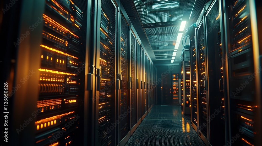 Aufkleber interconnected digital lines overlaying a server room image representing the complex fintech infrast