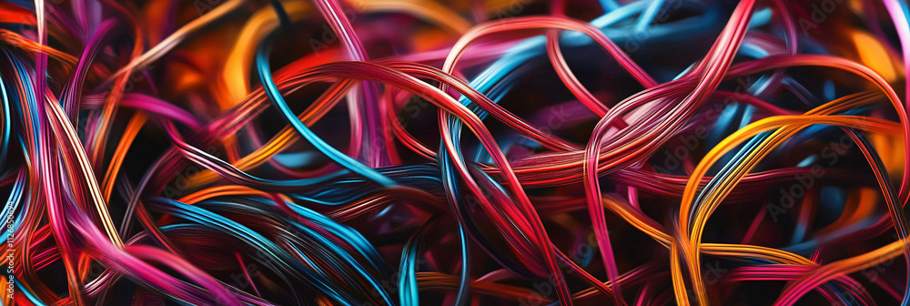 Poster abstract tangled wires and cables, creating a chaotic web of connections in vibrant metallic colors.