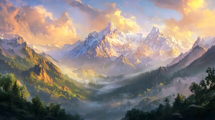 Majestic Mountains Sunset Golden Hues Landscape