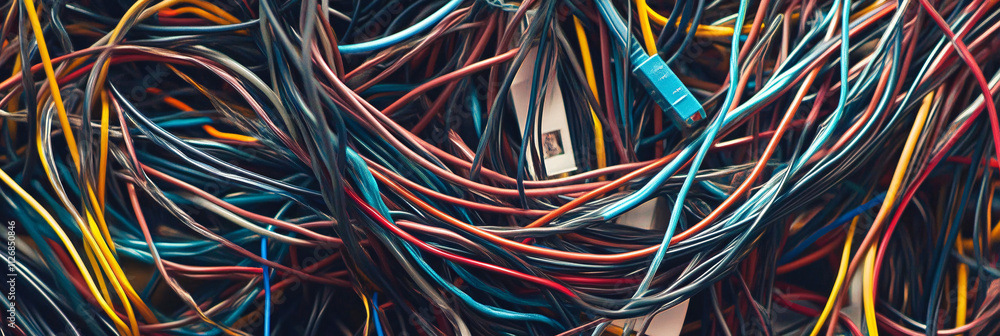 Poster abstract tangled wires and cables, creating a chaotic web of connections in vibrant metallic colors.