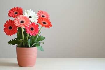 single flower pot containing vibrant flowers placed slightly to left on light wooden table leaving ample space on right