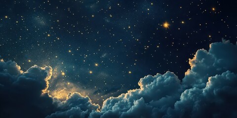 Obraz premium A starry night sky filled with golden constellations, surrounded by soft clouds illuminated by moonlight, creating a dreamy and serene composition.