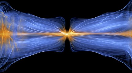 Fototapeta premium Abstract magnetic field visualization with glowing lines and arrows representing the flow of magnetic force around a central object in a dark, empty space.