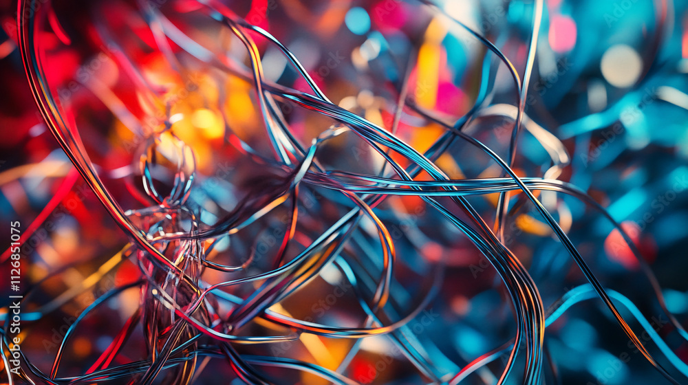 Poster abstract tangled wires and cables, creating a chaotic web of connections in vibrant metallic colors.