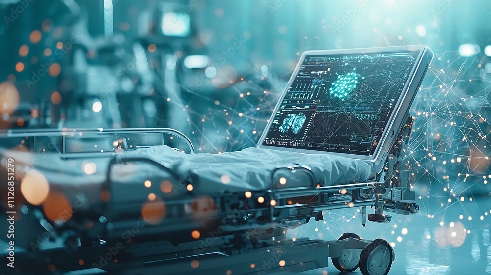 Poster futuristic medical interface displayed on a transparent screen connected by a web of glowing network