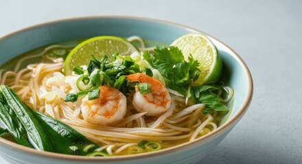 Fresh shrimp noodle soup with lime herbs