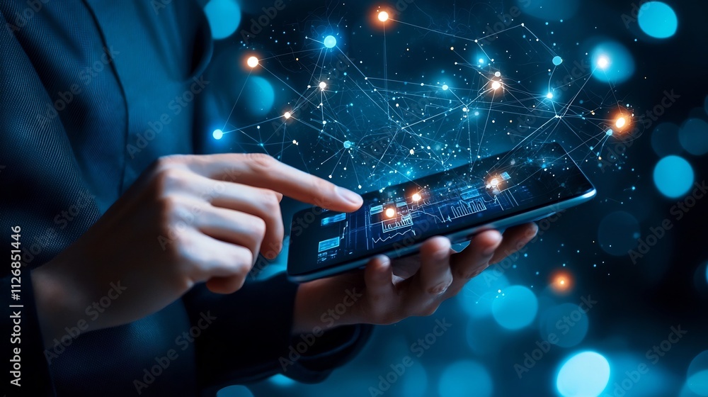 Poster a photograph of a doctor using a tablet with holographic healthcare data and network connections ext
