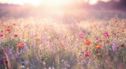 Naklejka premium Serene sunset vibrant wildflower meadow