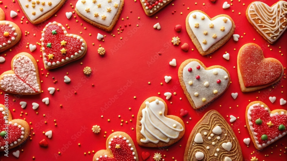Poster a festive arrangement of delicate heart-shaped cookies decorated with icing and sprinkles on a red b