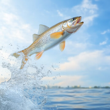 Fish jump up from the water surface. 