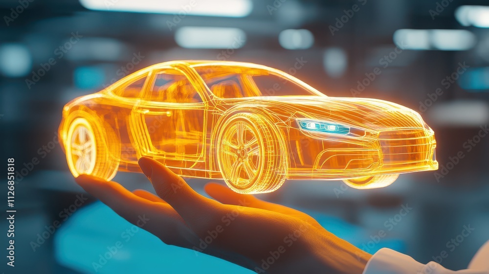 Poster futuristic 3d render of a car hologram displayed above a hand in a technology-driven environment wit