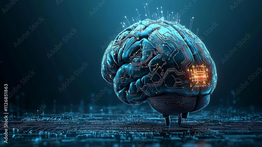 Poster a captivating digital showcasing the human brain visualized with glowing neural network patterns rep