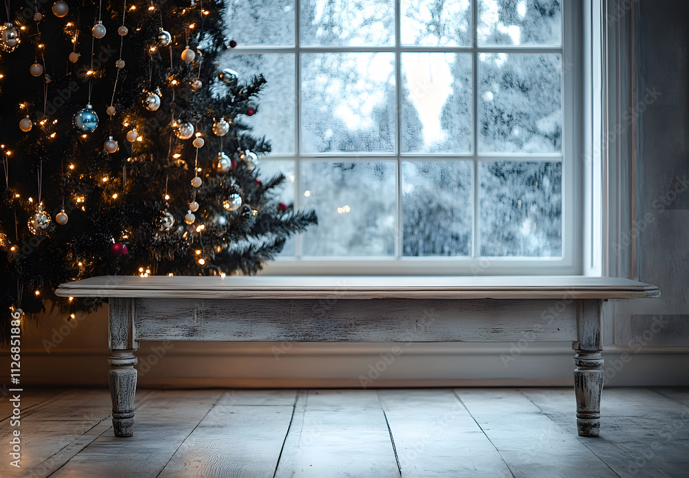 Poster a background of decoration surrounds an empty table in front of a christmas tree