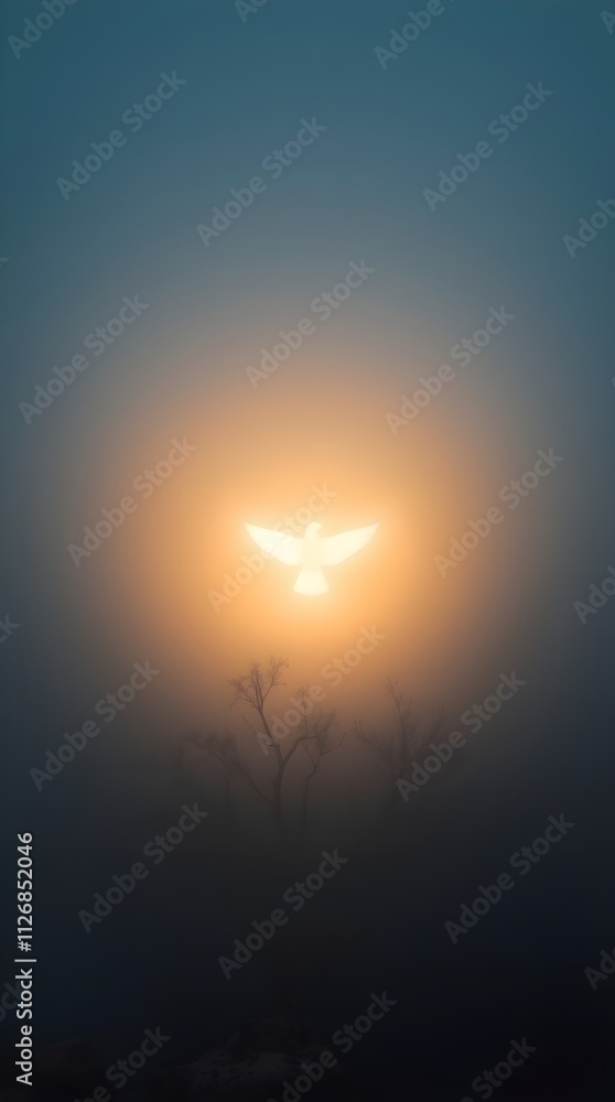 Poster mysterious celestial glowing bird silhouette emerging from fog with a soft glowing light for mystica
