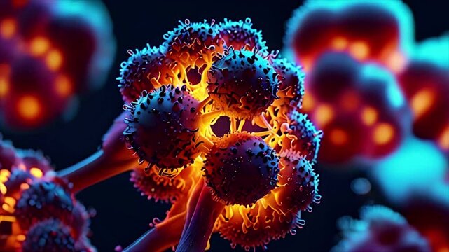 Molecules of candida auris fungal infection, macro. Neon art