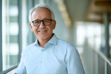 Fototapeta premium Portrait of successful senior businessman consultant looking at camera and smiling inside modern office building