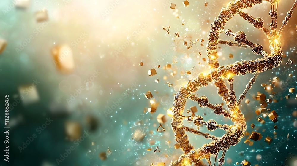 Poster glowing dna strand connected to digital network nodes with soft gradient background and generous cop