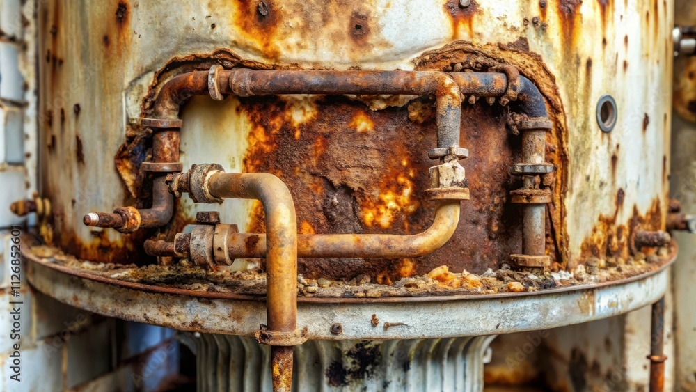 Poster a close-up of corroded pipes and metal, showcasing the destructive power of time and the elements.