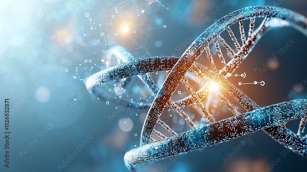 Poster a glowing dna strand intricately connected to a digital network of nodes set against a soft gradient