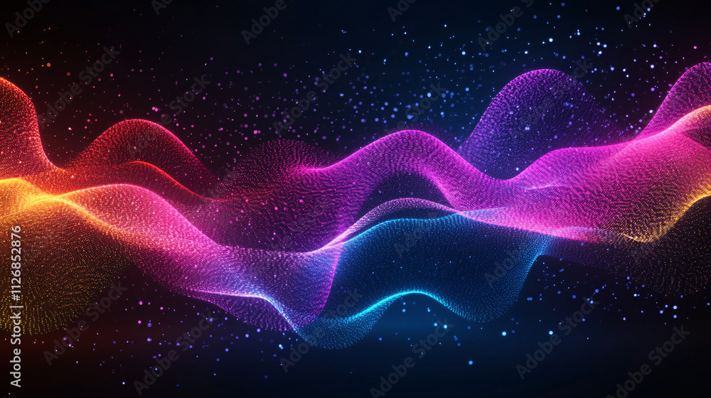 Poster abstract waveforms in neon colors, undulating across a dark background, representing sound or energy