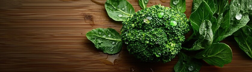 A vibrant head of broccoli resting on a wooden cutting board with water droplets glistening.