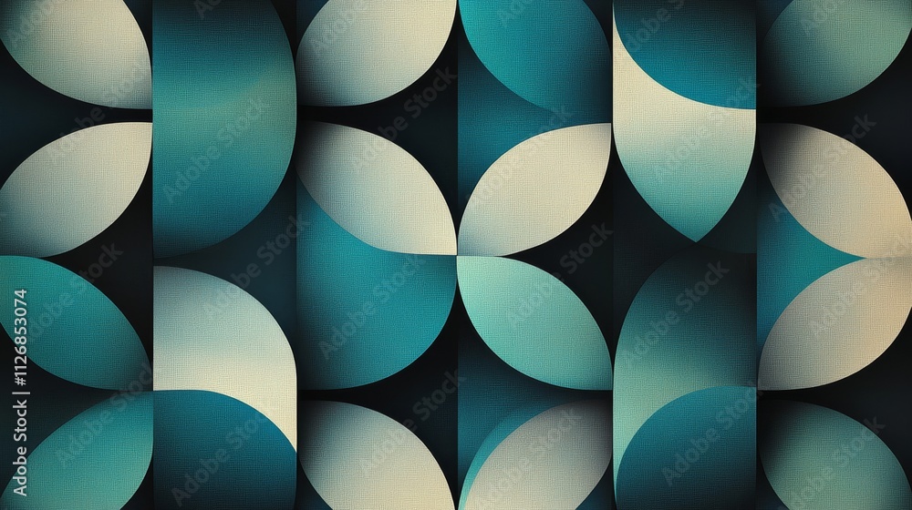 Poster abstract geometric pattern featuring overlapping shapes in a gradient of teal and cream tones.