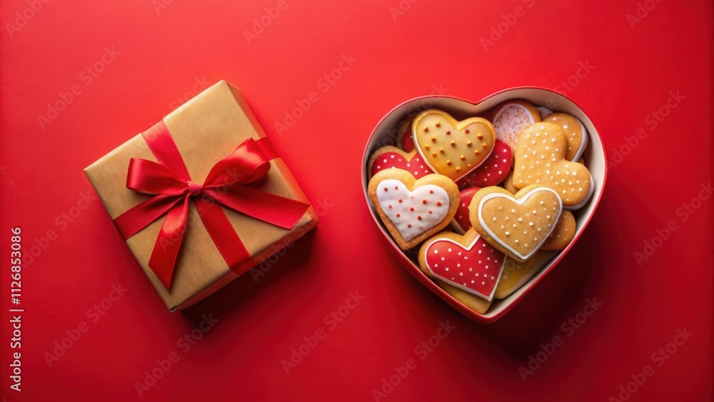 Poster Heart-shaped cookies in a red heart-shaped box with a brown gift box with a red ribbon on a red background.
