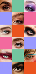 Creative conceptual collage made with human eyes of different people, men and women of diverse...