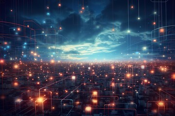 Obraz premium Flying Blue and orange boxes in the sea. Block chain, data transfer, Bitcoin Network, Digital structures, Production Line, Quantum Computing, Cloud Computing, Web Service. 3d rendering 