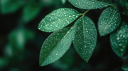 Fototapeta premium A leaf covered in tiny water droplets after a gentle rain, with sharp details.