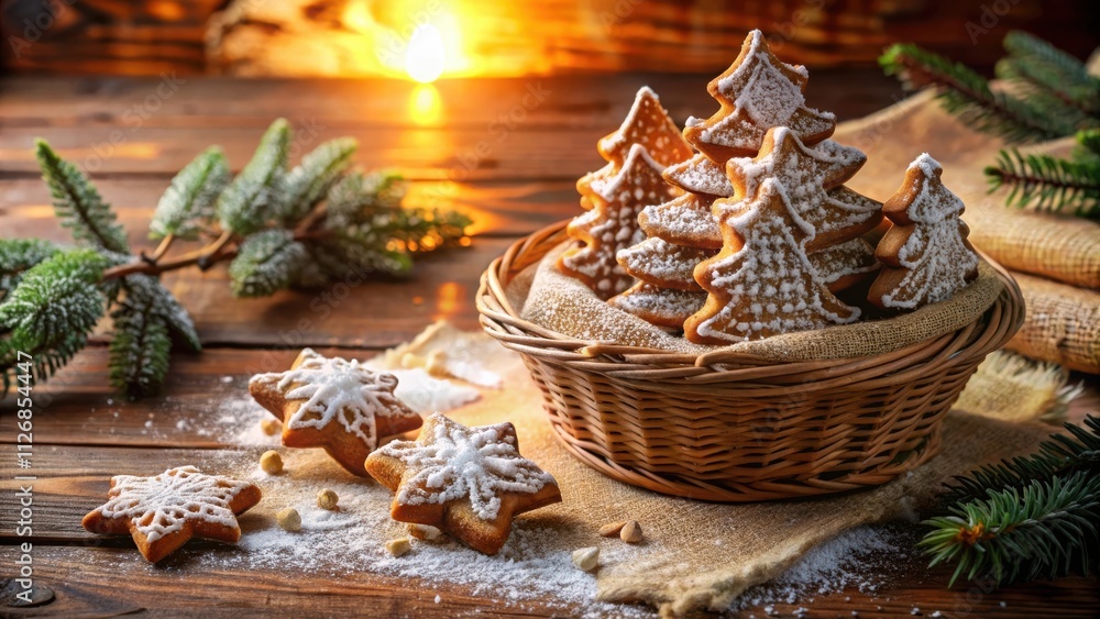 Poster christmas tree shaped gingerbread cookies in a basket with powdered sugar and pine branches on rusti