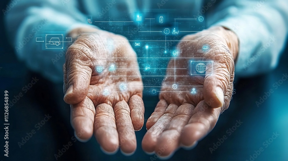 Poster robotic assistant helping an elderly person in their home with holographic network lines and icons r