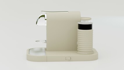 Realistic 3D coffee machine design, showcasing an espresso maker with a sleek, modern style. Perfect for home appliance branding, advertisements, and product mockups. High-quality render for promotion