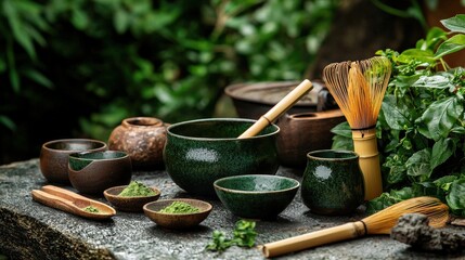 A traditional Japanese tea ceremony setup with matcha bowls and bamboo whisk.